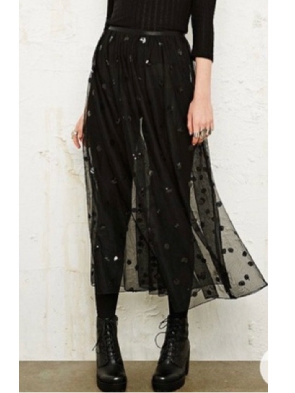 Intimately Free People Black Sheer Mesh Sequin Polka Dot Layering Skirt Size S